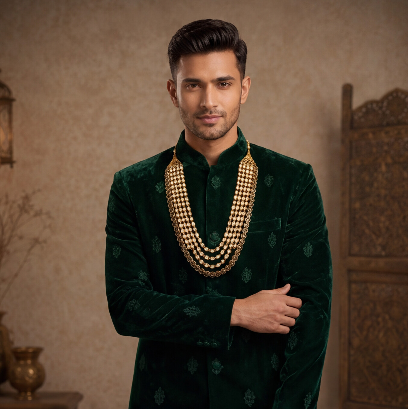 Golden Finish Kundan Polki Layered Men's Necklace