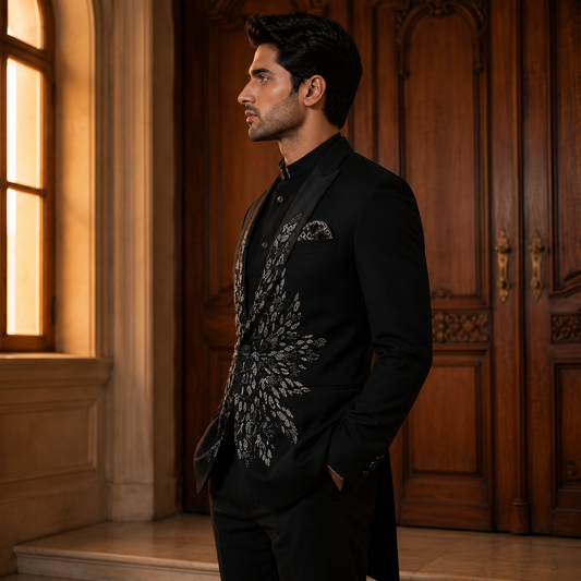 Black Hand Embroidered Designer Tuxedo with Bandhgala Waistcoat