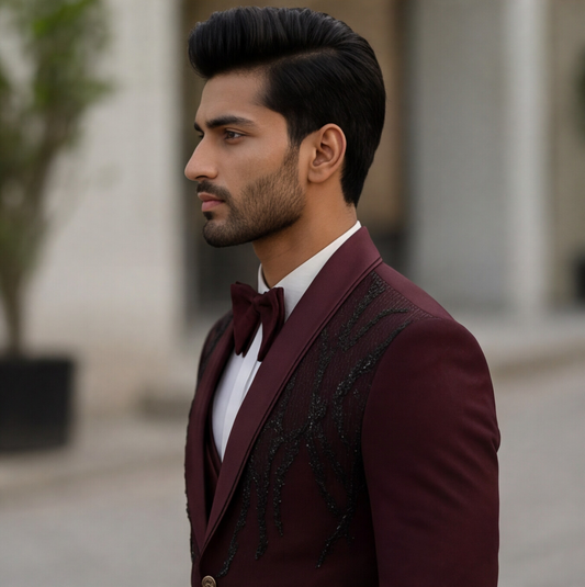 Wine Hand Embroidered Designer Tuxedo