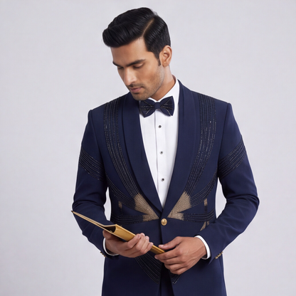 Blue Hand Embroidered Designer Tuxedo