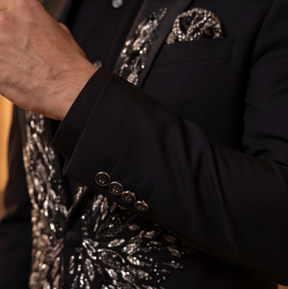 Black Hand Embroidered Designer Tuxedo with Bandhgala Waistcoat