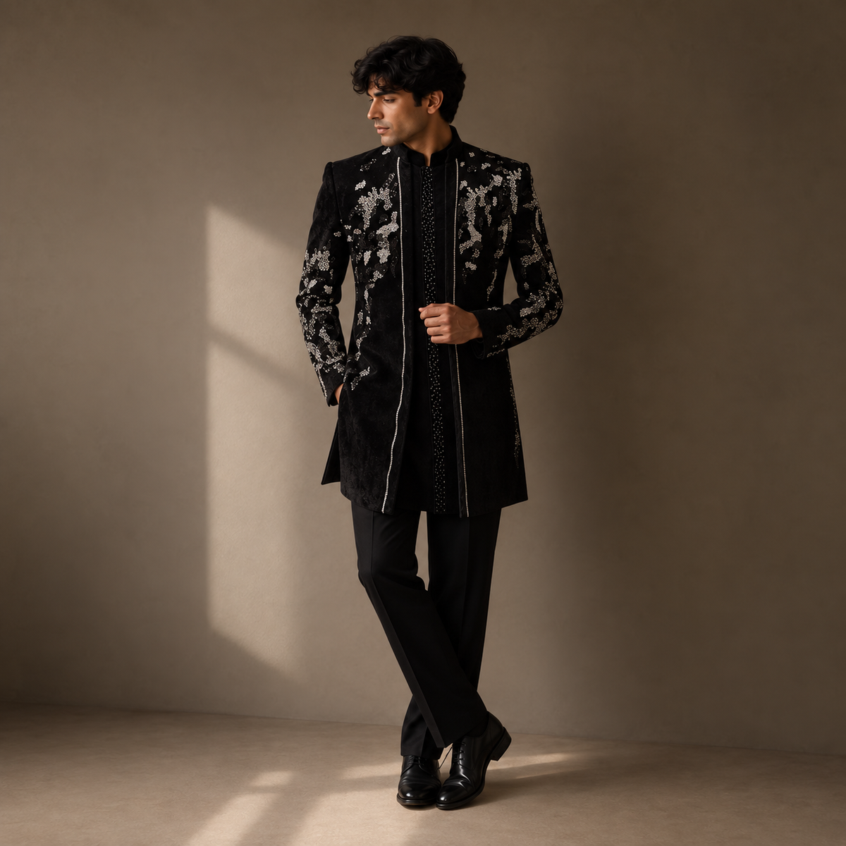 Black Hand Embroidered Velvet Indo-Western