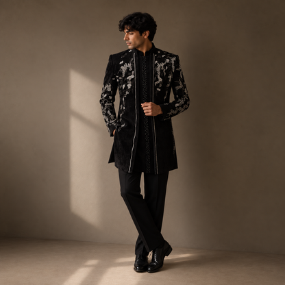 Black Hand Embroidered Velvet Indo-Western