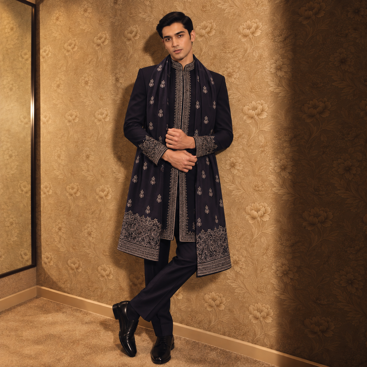 Blue Hand Embroidered Indo-Western with Stole