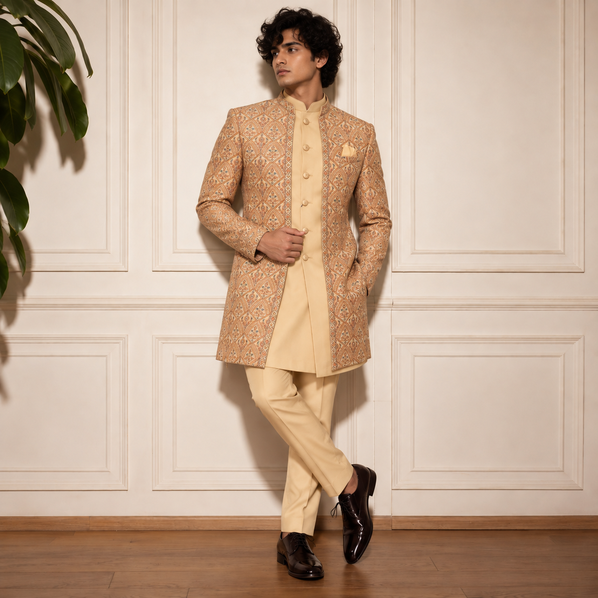 Beige Jute Embroidered Indo-Western