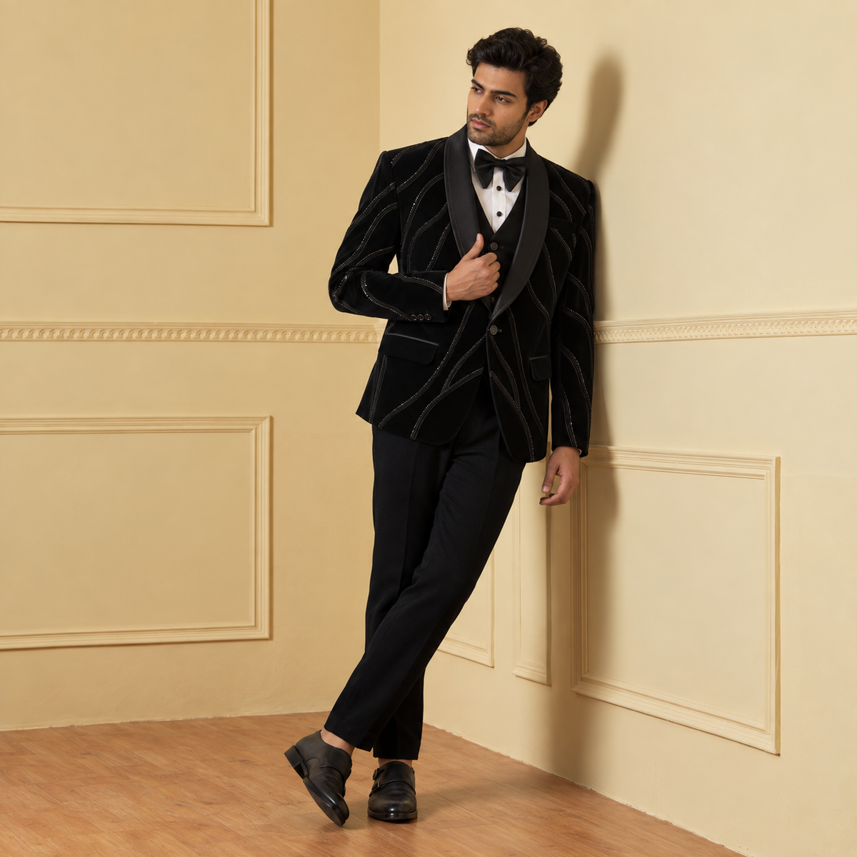 Black Pintex & Beads Work Designer Tuxedo