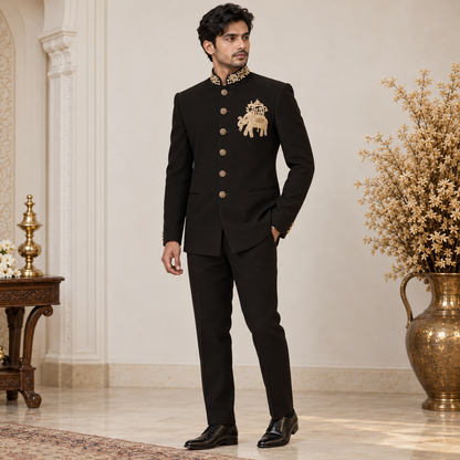 Black Hand Embroidered Elephant Motif Jodhpuri Bandhgala