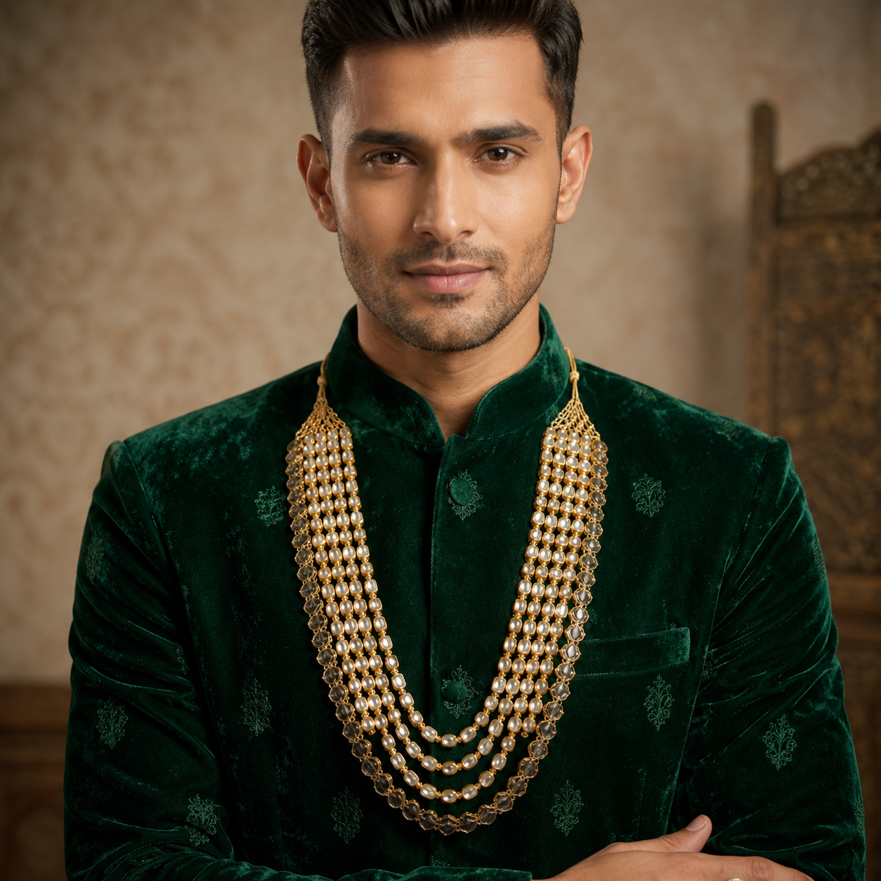 Golden Finish Kundan Polki Layered Men's Necklace
