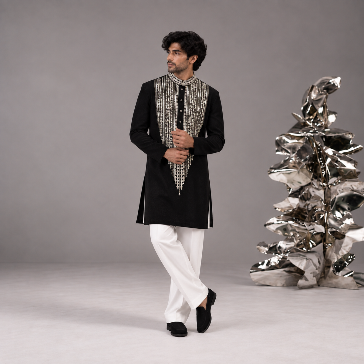 Black Hand Embroidered Mirror Work Ethnic Kurta