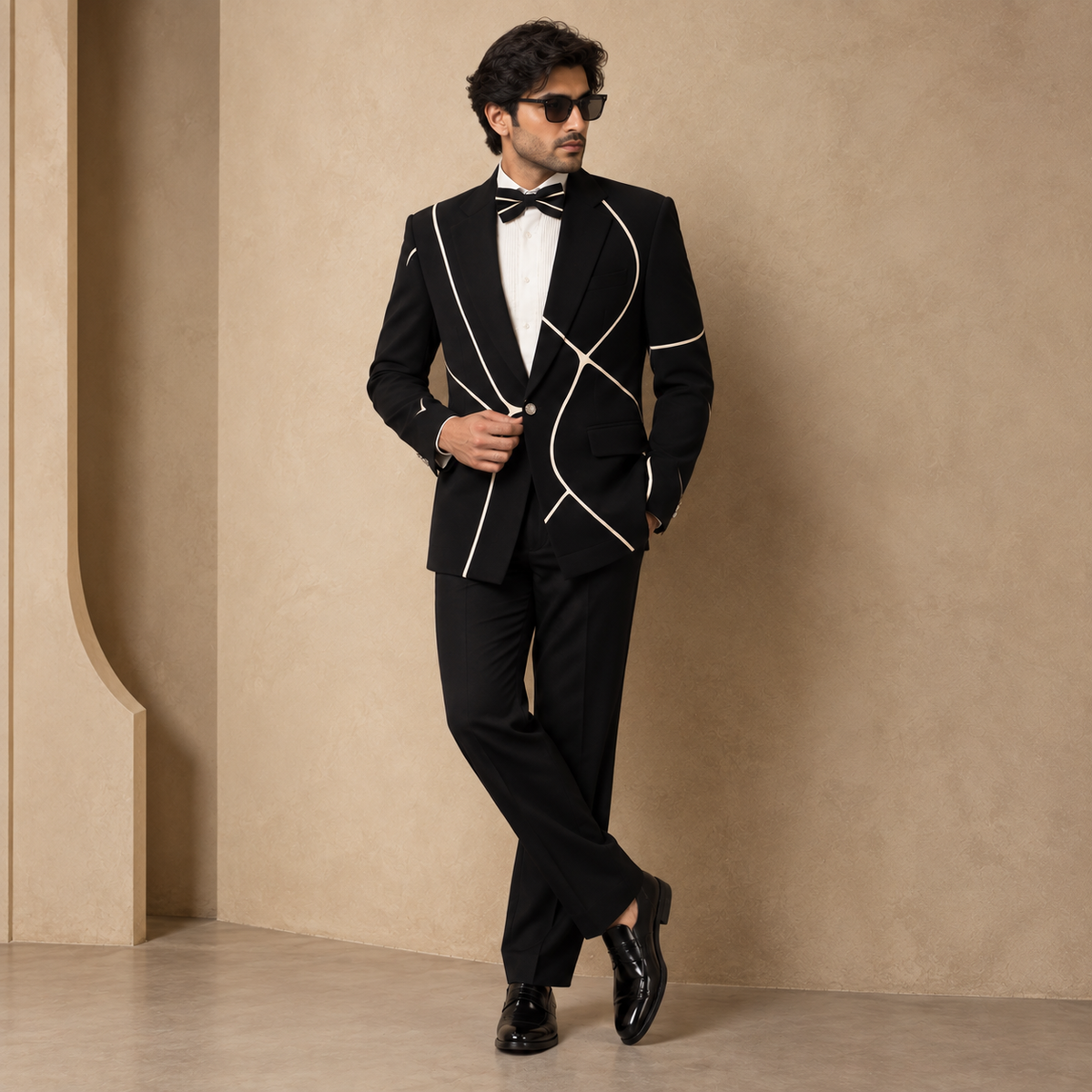 Black Satin Appliqué Designer Blazer Set