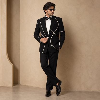 Black Satin Appliqué Designer Blazer Set