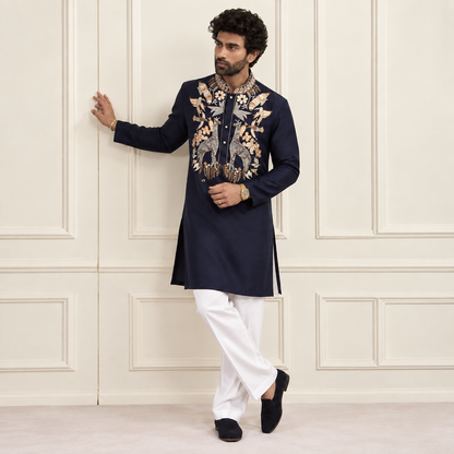 Black Hand Embroidered Giraffe Motif Ethnic Kurta