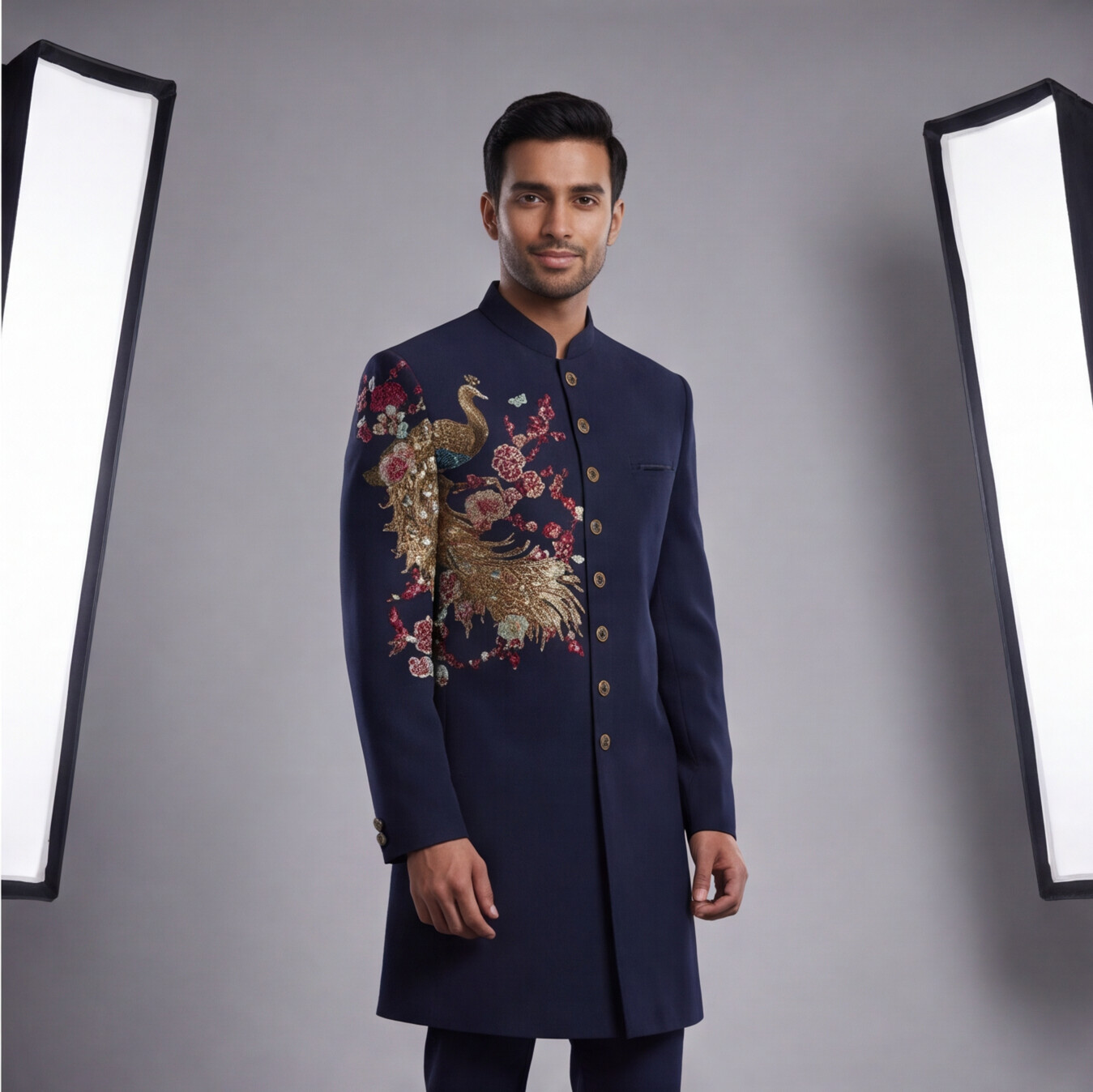 Blue Hand Embroidered Floral Motif Indo-Western