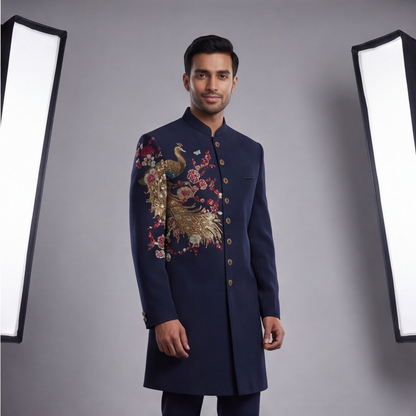 Blue Hand Embroidered Floral Motif Indo-Western