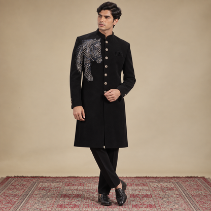 Black Hand Embroidered Horse Motif Indo-Western