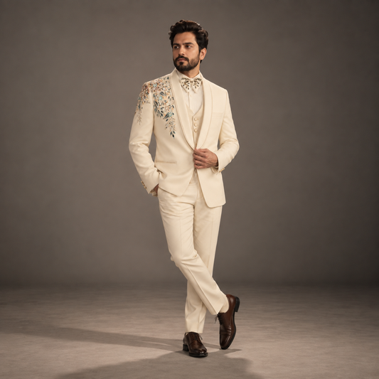 Cream Hand Embroidered & Hand Printed Designer Tuxedo