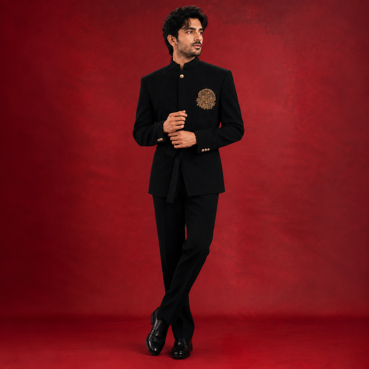 Black Pintex Bandhgala with Embroidered Motif
