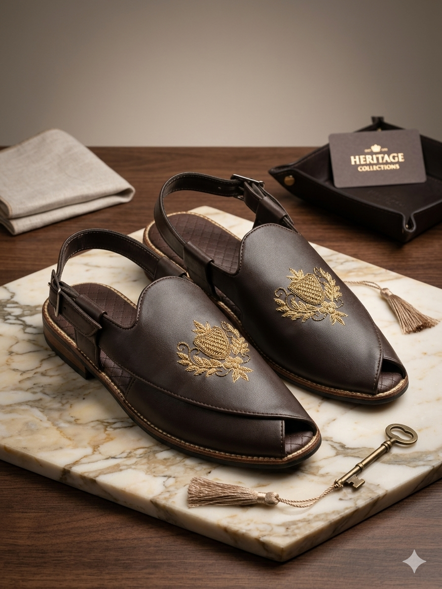 Brown Hand Made Embroidered Peshawari Shoes
