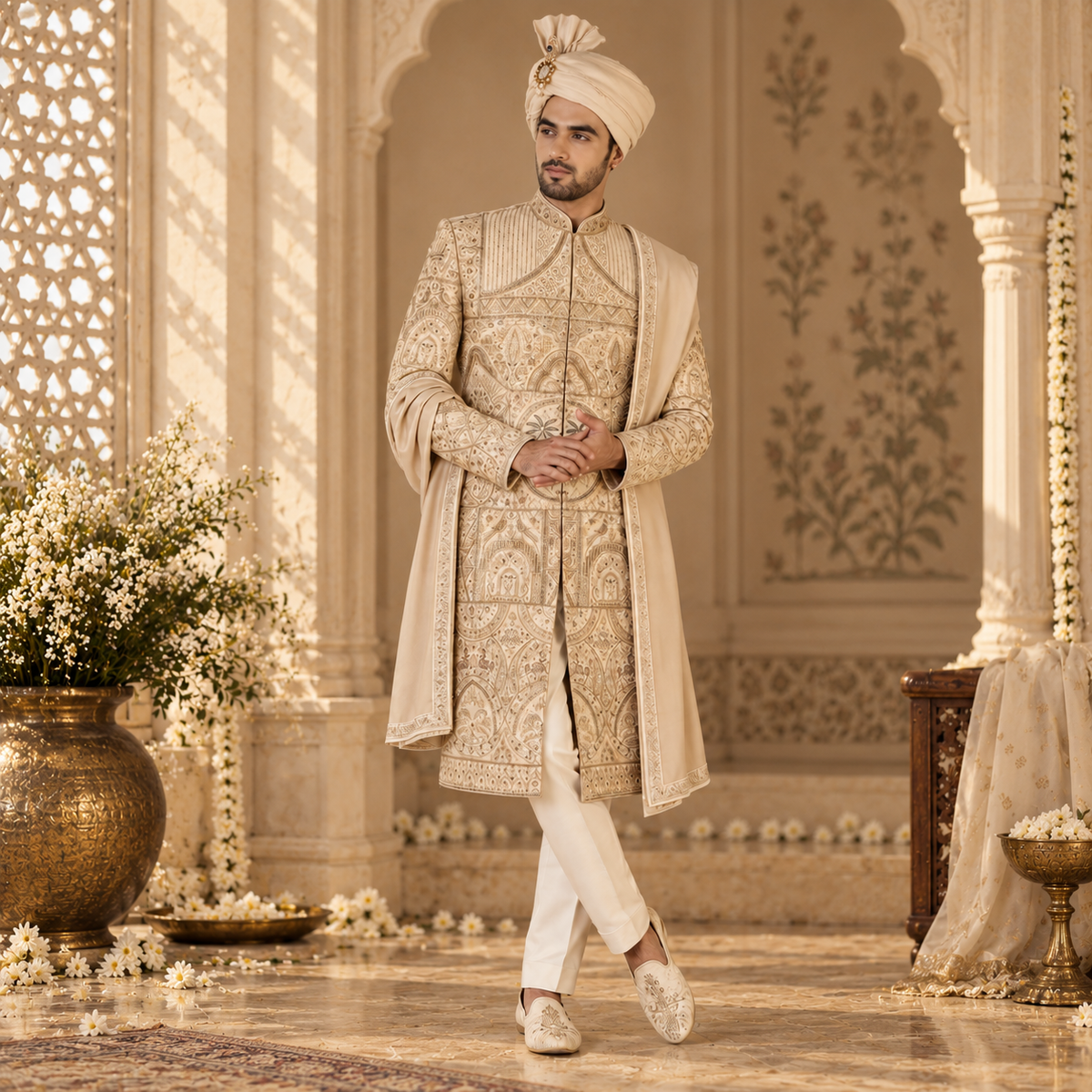 Ivory Embroidered Sherwani