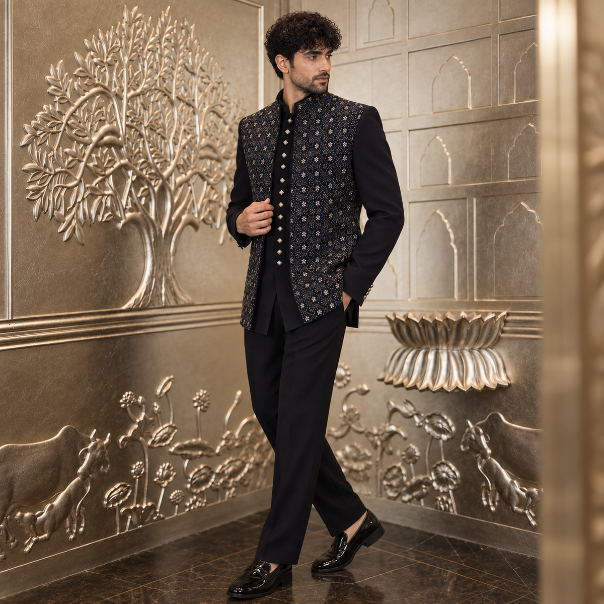 Blue & Black Embroidered Jodhpuri with Sleeveless Jacket