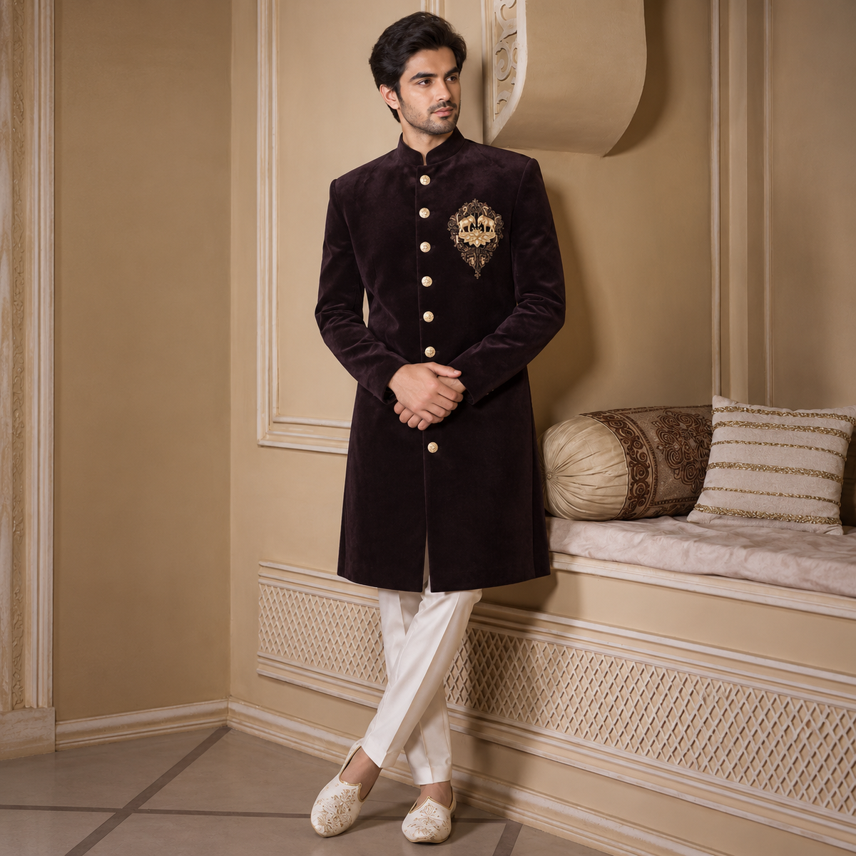 Cool Wine Hand Embroidered Indo-Western