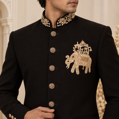 Black Hand Embroidered Elephant Motif Jodhpuri Bandhgala