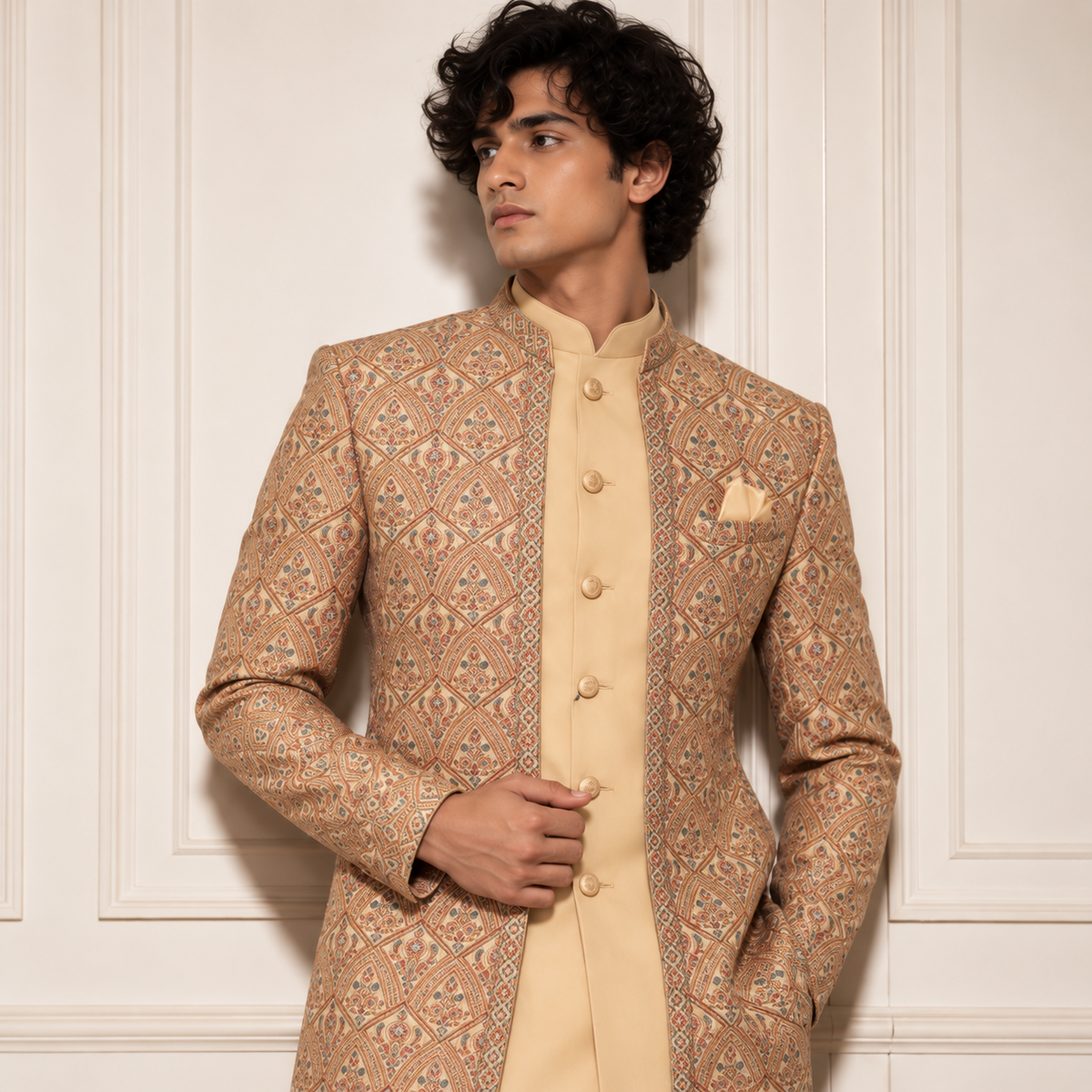 Beige Jute Embroidered Indo-Western