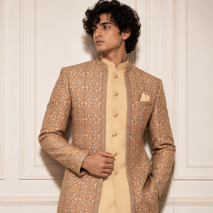 Beige Jute Embroidered Indo-Western