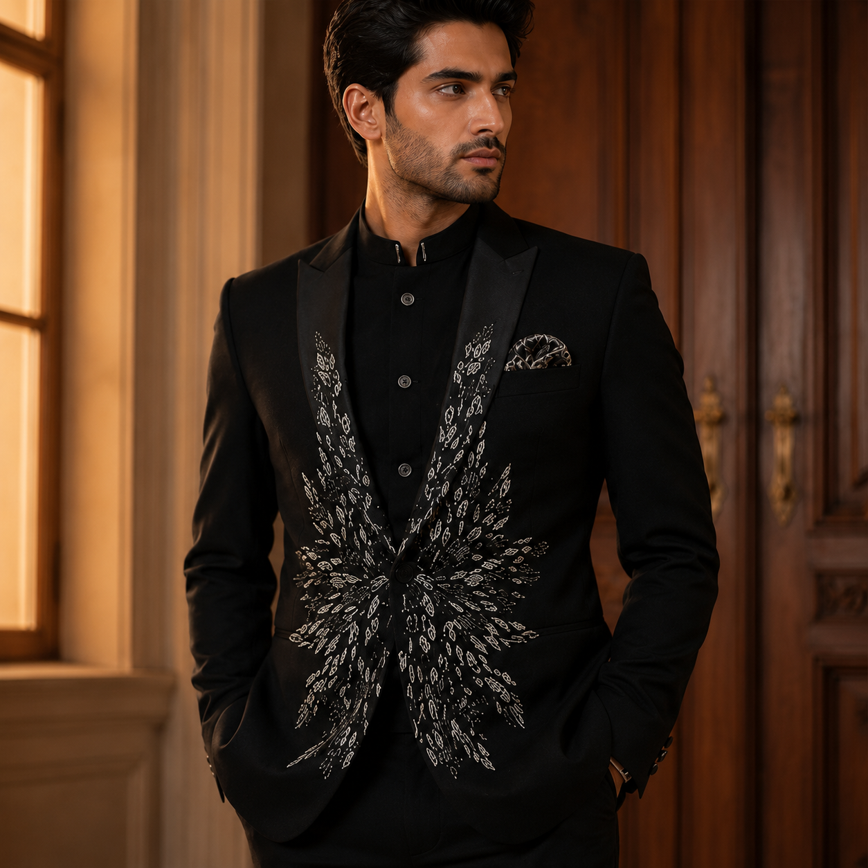 Black Hand Embroidered Designer Tuxedo with Bandhgala Waistcoat