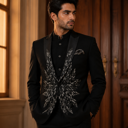Black Hand Embroidered Designer Tuxedo with Bandhgala Waistcoat