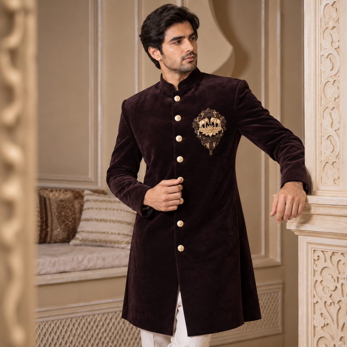 Cool Wine Hand Embroidered Indo-Western