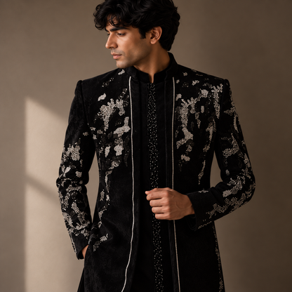 Black Hand Embroidered Velvet Indo-Western