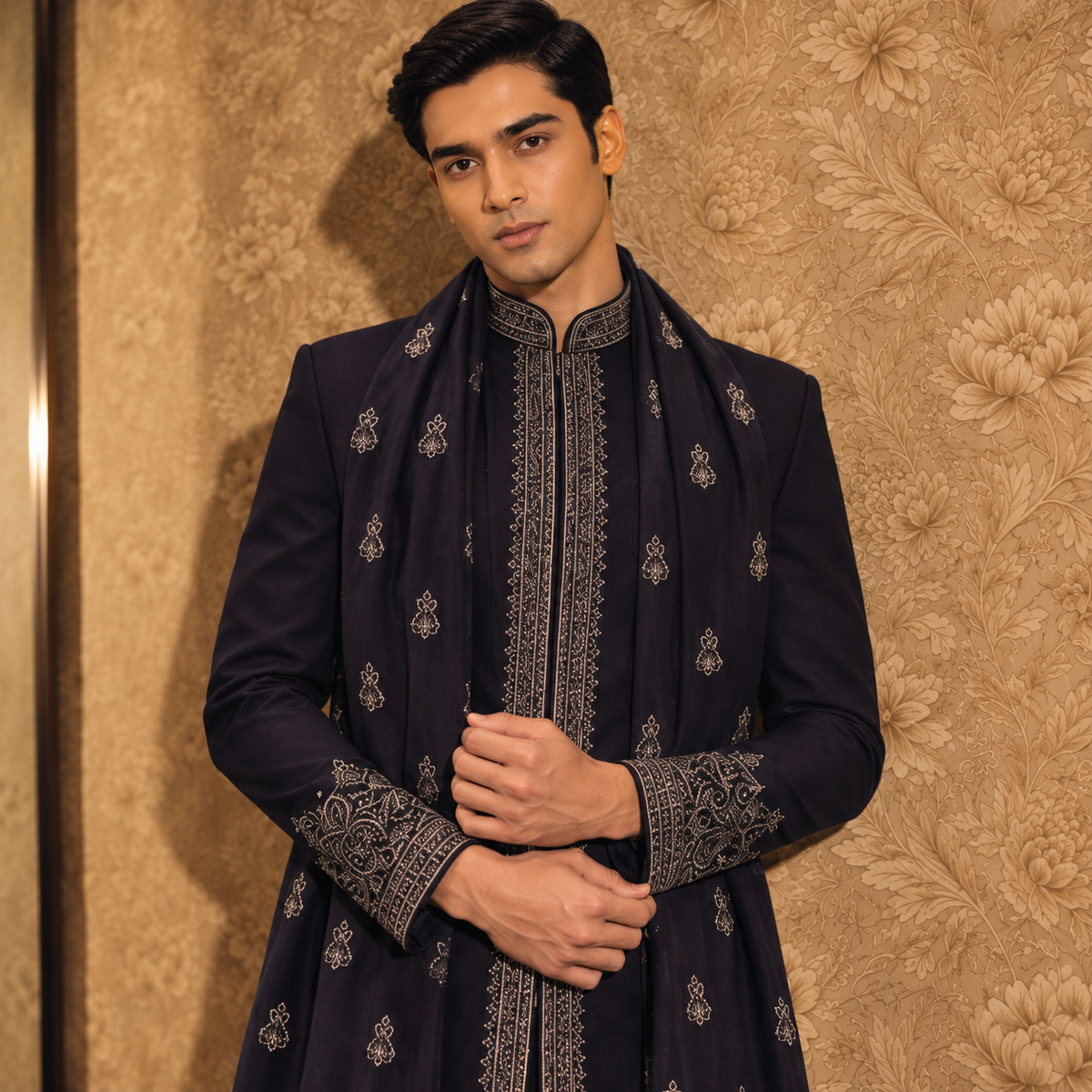 Blue Hand Embroidered Indo-Western with Stole