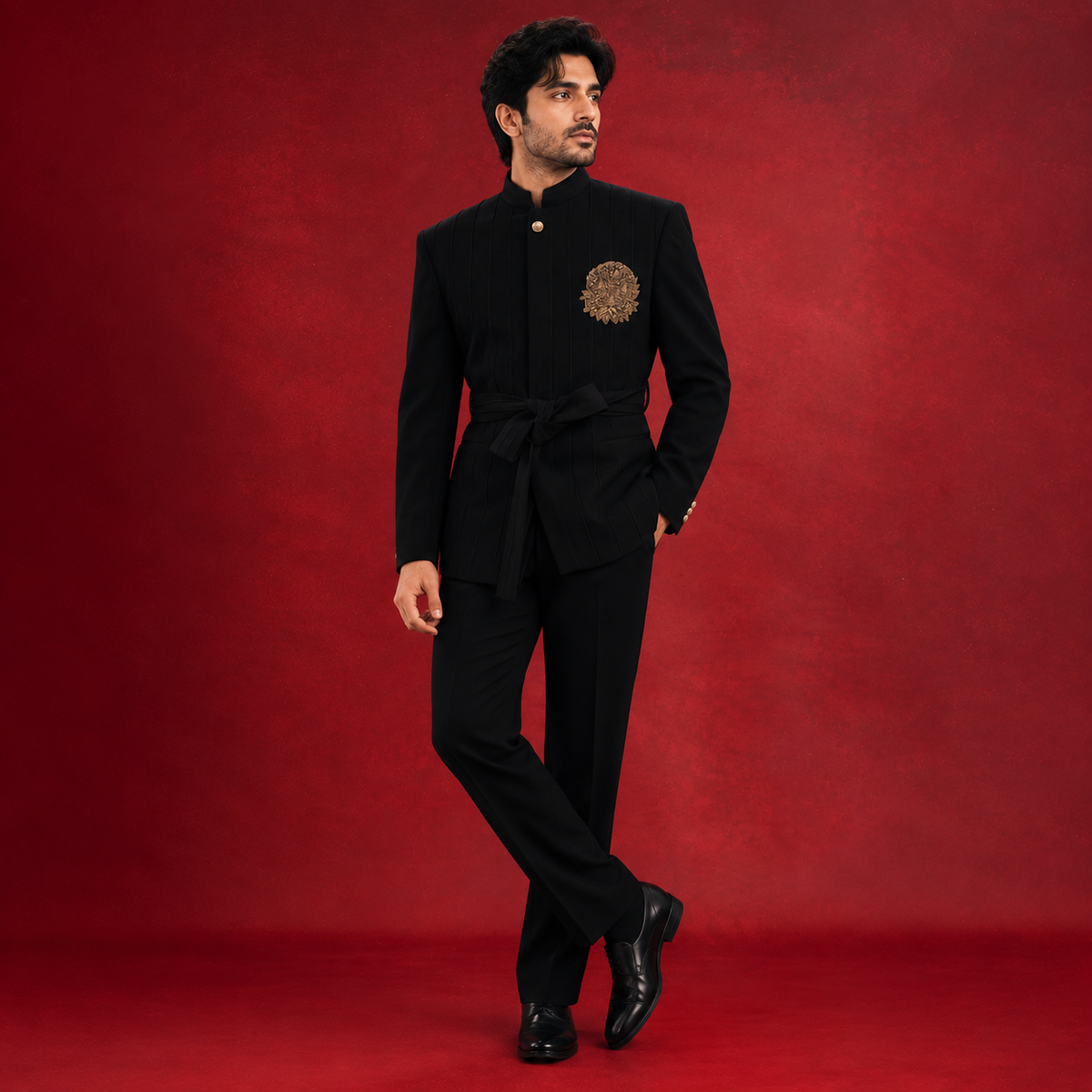 Black Pintex Bandhgala with Embroidered Motif