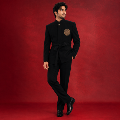Black Pintex Bandhgala with Embroidered Motif