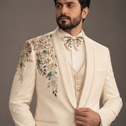 Cream Hand Embroidered & Hand Printed Designer Tuxedo
