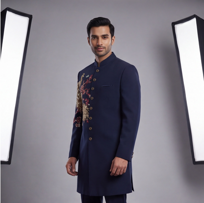 Blue Hand Embroidered Floral Motif Indo-Western