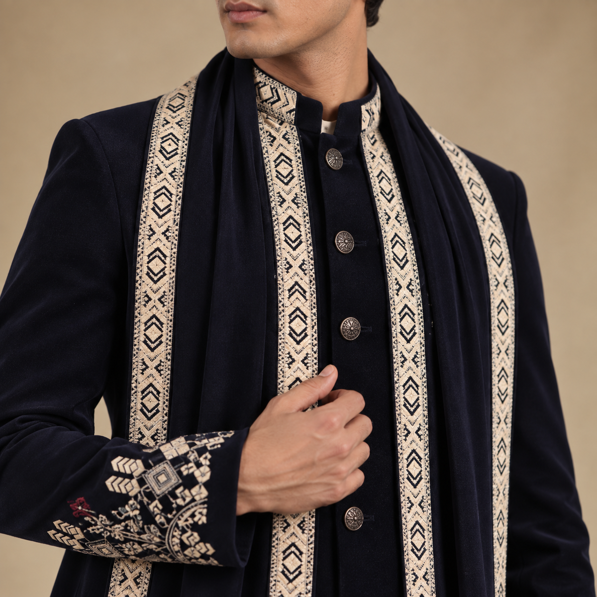Blue Embroidered Indo-Western with Stole