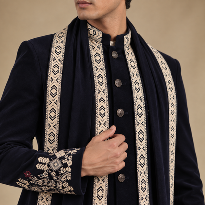 Blue Embroidered Indo-Western with Stole