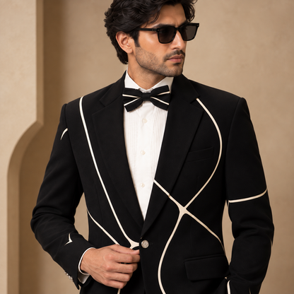 Black Satin Appliqué Designer Blazer Set