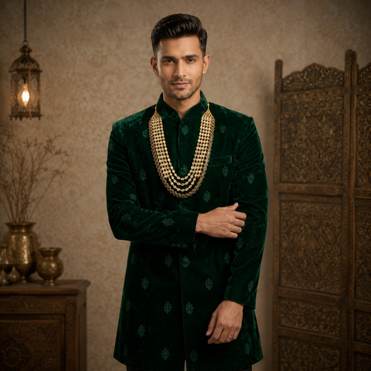 Golden Finish Kundan Polki Layered Men's Necklace