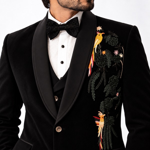 Black Bird Motif Hand Embroidered Designer Tuxedo