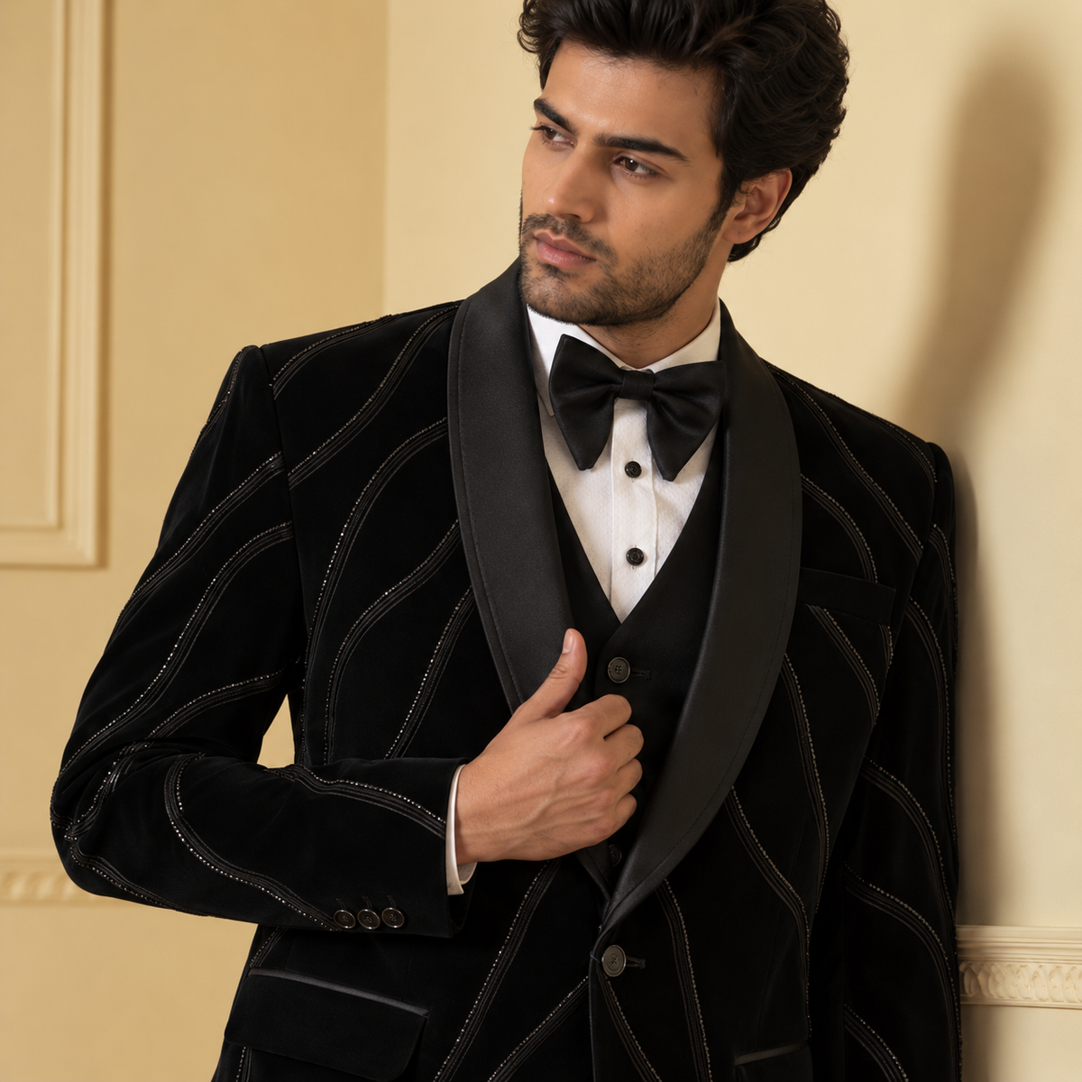 Black Pintex & Beads Work Designer Tuxedo