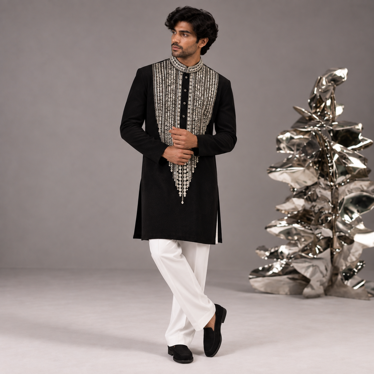 Black Hand Embroidered Mirror Work Ethnic Kurta