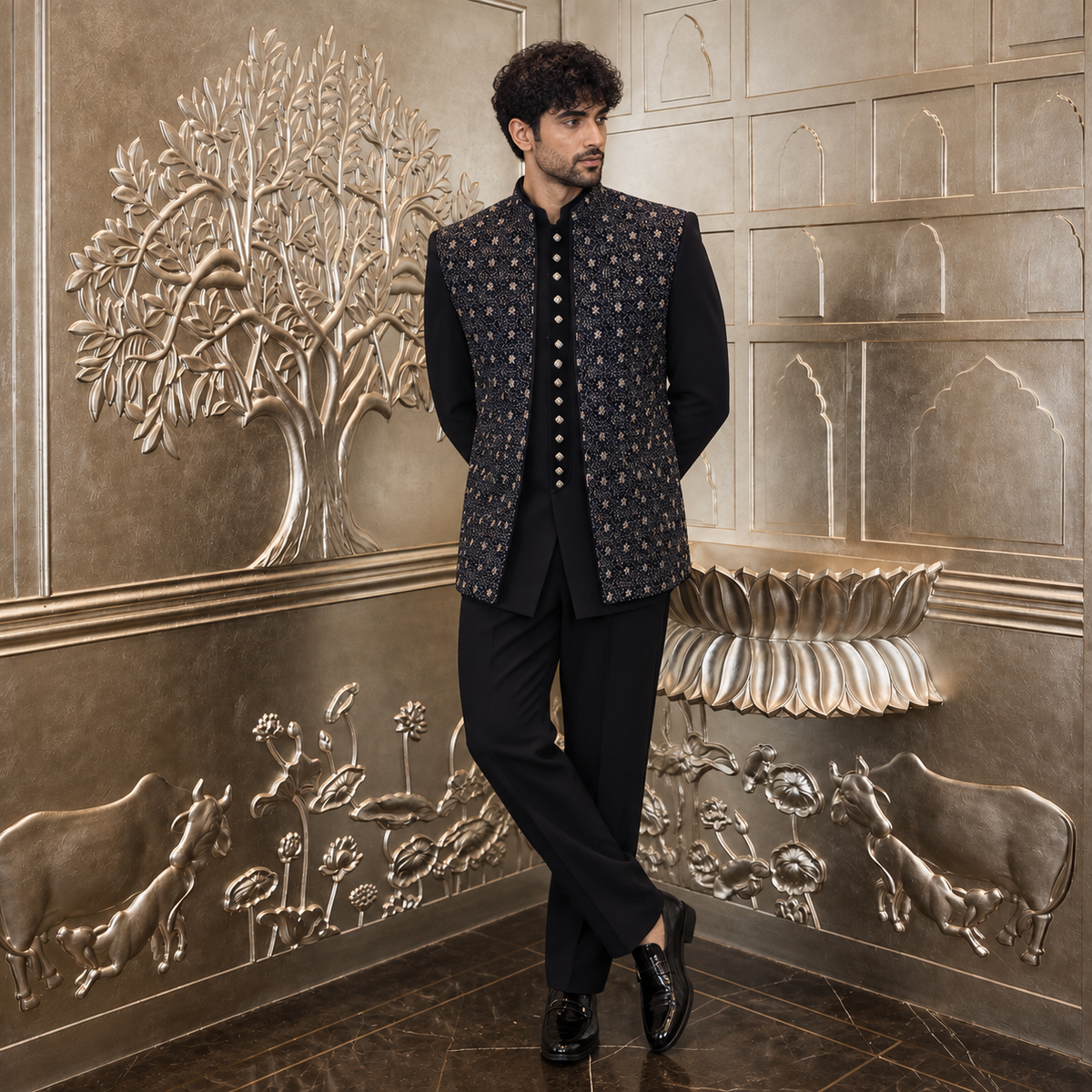 Blue & Black Embroidered Jodhpuri with Sleeveless Jacket