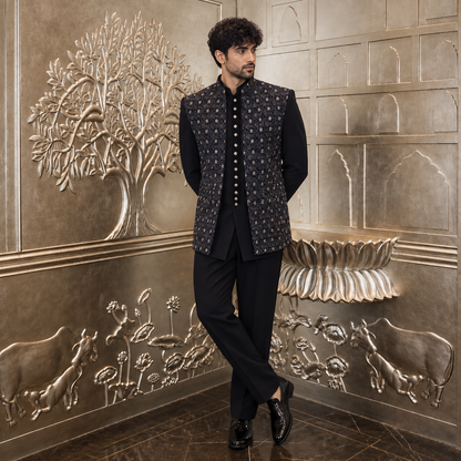Blue & Black Embroidered Jodhpuri with Sleeveless Jacket