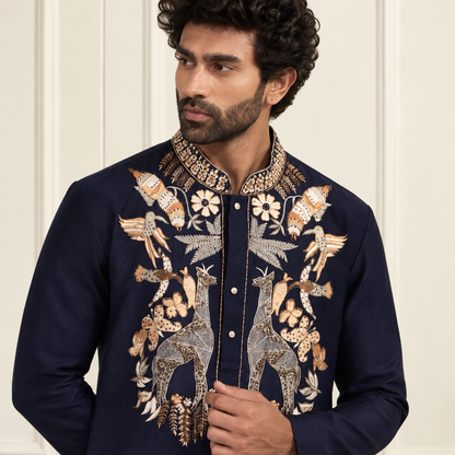 Black Hand Embroidered Giraffe Motif Ethnic Kurta