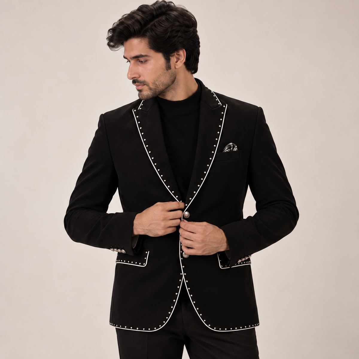 Black Suede Designer Blazer with Beads Work