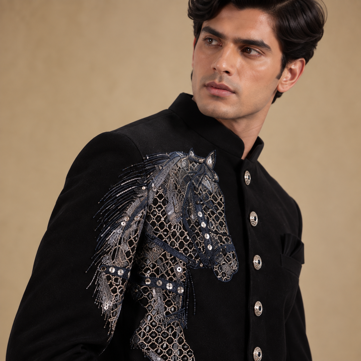 Black Hand Embroidered Horse Motif Indo-Western