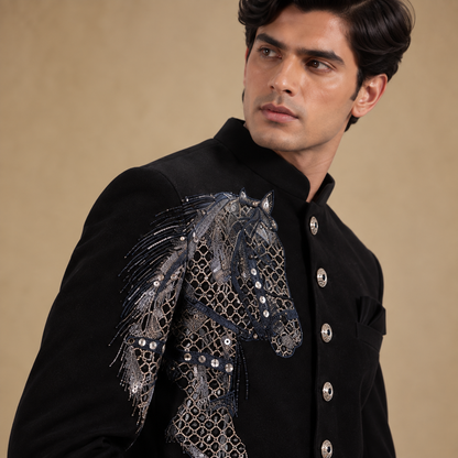 Black Hand Embroidered Horse Motif Indo-Western